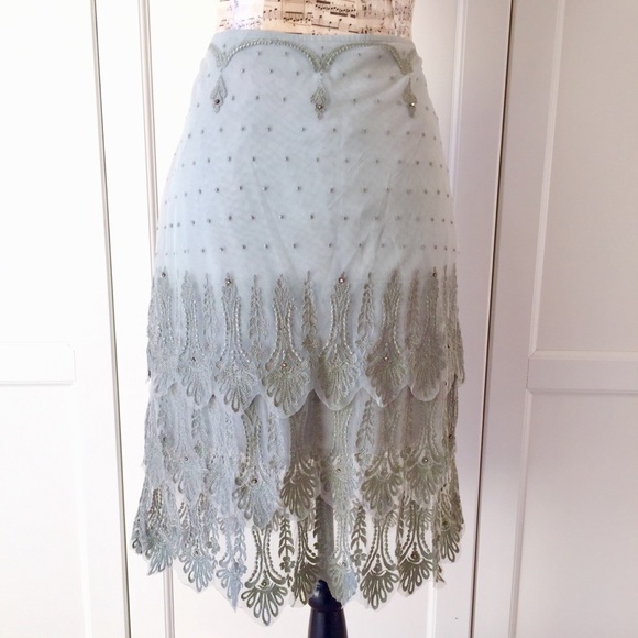 ✳️Anthropologie Sea Foam Green Scallop Lace Skirt - Picture 2 of 8